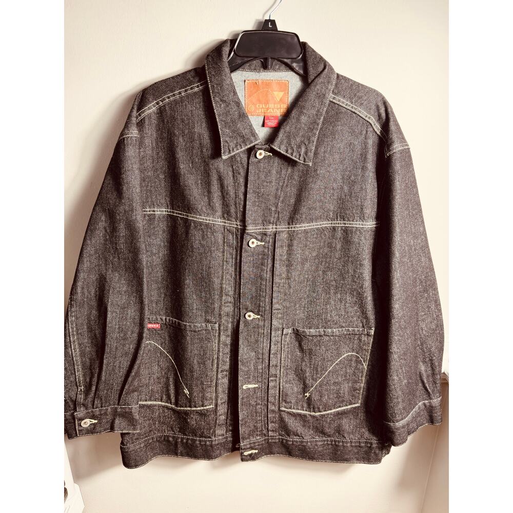 Vintage Y2K Guess Jeans USA Black Denim Chore Jacket Trucker Workwear XXL 2000s